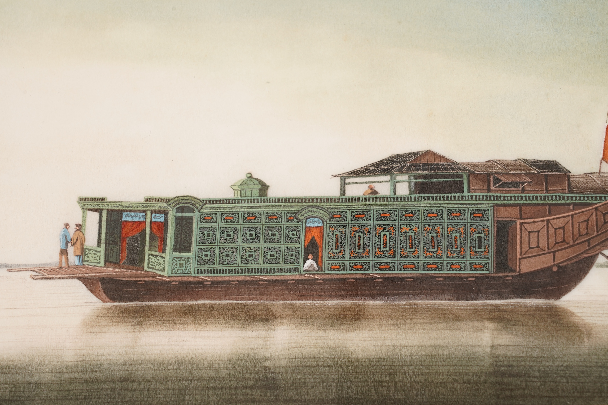 Chinese School , (Mid 19th century), Chinese junk boats in landscapes, Watercolour on pith paper, Image 15cm x 22.5cm